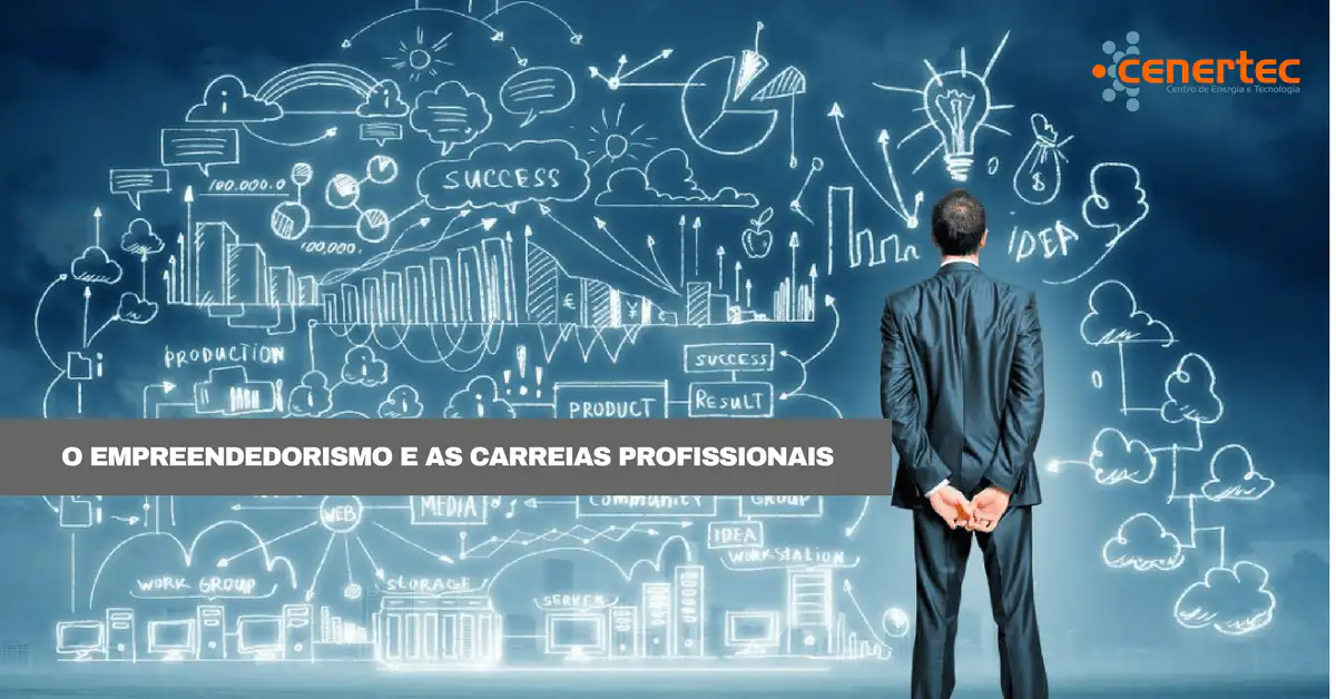 Imagem representativa sobre empreendedorismo e carreiras profissionais, com um homem de costas diante de uma parede de gráficos e ideias.